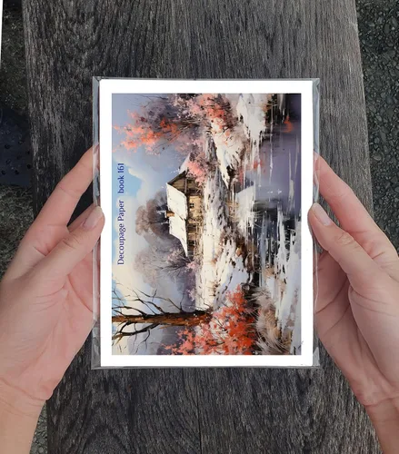 Miniatura 3 de Paquete de papel Decoupage (35 hojas de 6 x 8 pulgadas), hermosos paisajes serenos de cabañas y bosques en invierno, FLONZ - Tarjetas de ilustración