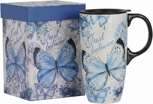 Topadorn Taza de café de cerámica de 17 onzas con tapa y caja de regalo, taza inspiradora de mariposa de acuarela, taza de té de porcelana floral B