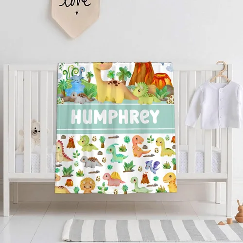 Miniatura 3 de Manta de regalo personalizada de dinosaurio con nombre para niñas, niños, recién nacidos, dinosaurio, manta personalizada para envolver al bebé