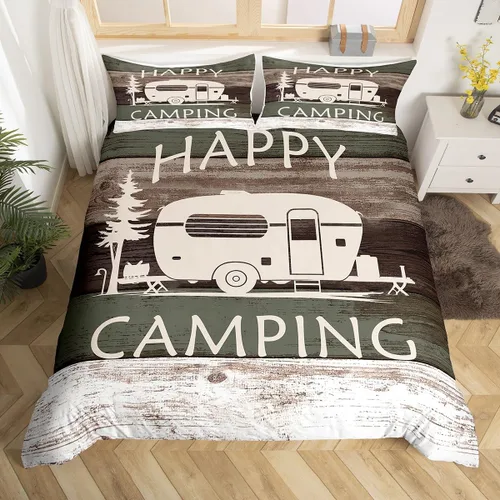 Miniatura 3 de Funda de edredón Happy Camping, juego de ropa de cama con temática de cámper para niños, funda de edredón de estilo rústico para decoración