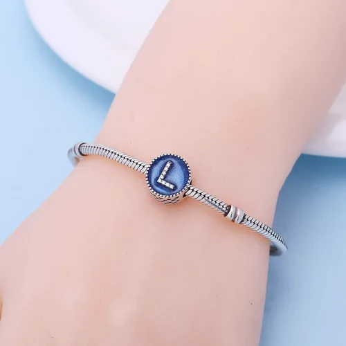 Miniatura 4 de Cuentas de plata de ley 925 sólidas con letras de la A a la Z, opciones de regalo del alfabeto, para pulseras europeas Pandora, Plata esterlina
