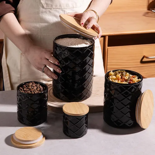 Miniatura 6 de Sweejar Juego de recipientes de cerámica para encimera de cocina, tarro de almacenamiento de alimentos en relieve con tapa de bambú, recipiente