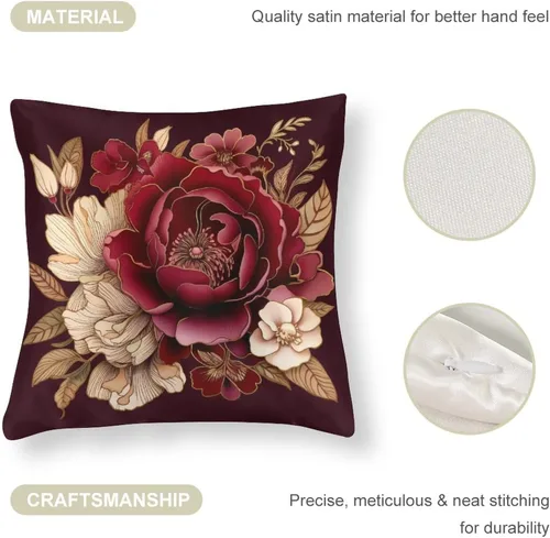 Miniatura 4 de Fundas de cojín de satén elegantes, decorativas florales burdeos, suaves y lujosas, elegantes fundas de almohada de terciopelo floral para sofá