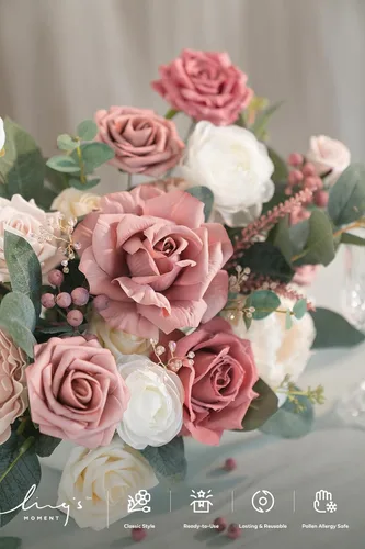 Miniatura 3 de Ling's moment Caja de Flores Falsas, Tallos de Vegetación Artificial Falsa, Rosas de Espuma, Peonías de Seda con Bayas, Eucalipto, Flor de Tela