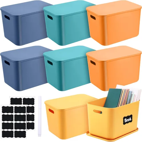 Tanlade 8 contenedores de almacenamiento de plástico apilables con tapa y asa, colorida caja de almacenamiento de escritorio para estantes,
