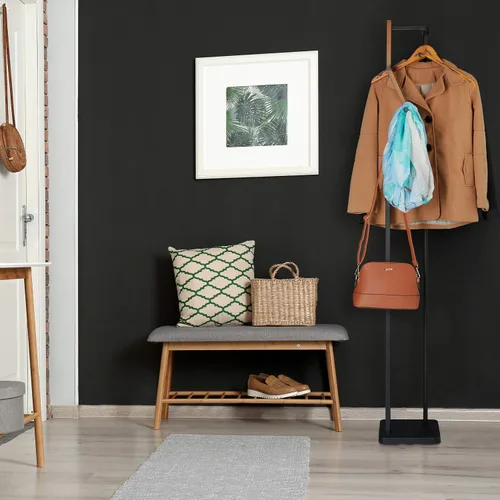 Miniatura 2 de Relaxdays Perchero de metal y madera moderno 3 ganchos y perchero, alto x ancho x fondo: 68.1 x 11.8 x 9.8 in, negro/marrón, 70% acero 30%, 1