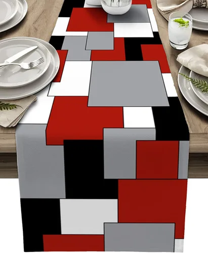 Camino de mesa de lino de arpillera de 48 pulgadas de largo, arte abstracto moderno, bloque de color, gris, negro y rojo, camino de mesa para Color