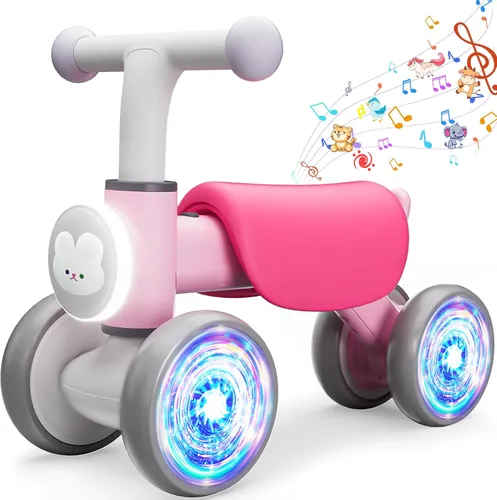 Doselie Bicicleta de equilibrio para niños pequeños de 1 a 2 años, 4 ruedas, iluminación colorida con música, bicicleta de equilibrio para bebés,