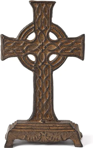 Cruz celta de metal de 12 pulgadas de alto con base gruesa, hierro oxidado envejecido, decoración de mesa cruzada para el hogar, oficina, regalo de