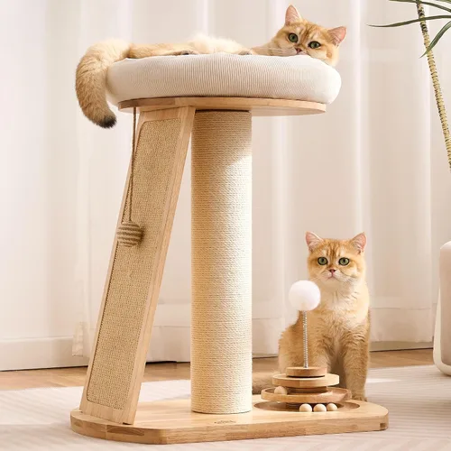 HITTITE Torre de árbol para gatos de madera maciza, poste rascador para gatos con cama, árbol pequeño para gatos de 27 pulgadas, torre compacta para