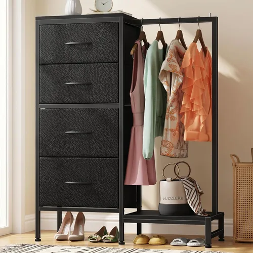 Miniatura 10 de HIGDBFE Cómoda con estante para colgar, armario pequeño de 4 cajones para dormitorio, cómoda de tela reversible para niños con perchero, torre