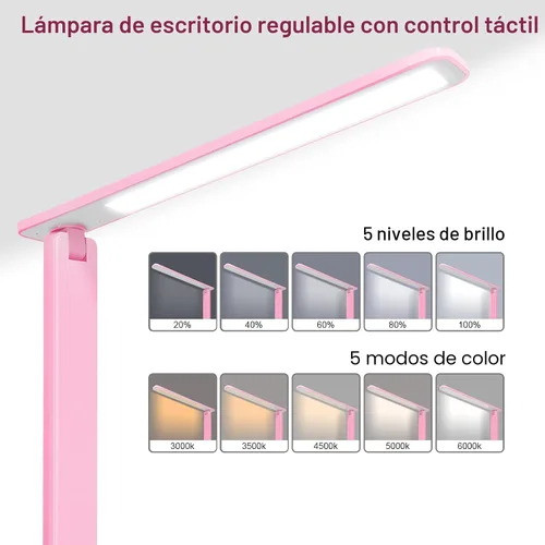 Miniatura 2 de Lámpara de escritorio LED White Crown, lámpara de mesa regulable, lámpara de lectura con puerto de carga USB, 5 modos de iluminación, control Rosa