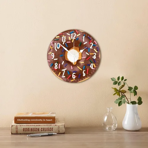 Miniatura 5 de Reloj de pared redondo de madera con forma de dona y alimento, movimiento de barrido, reloj de pared de estilo moderno, adecuado para dormitorio