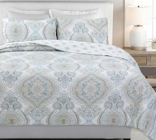 Cozy Line Home Fashions Juego de ropa de cama reversible de majestad floral, gris topo, cubrecama ligero para todas las estaciones (medallón