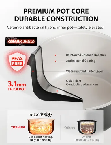 Miniatura 6 de TOSHIBA OriginTaste Arrocera de 10 tazas sin cocer, lógica difusa, funciones 15 en 1, pantalla digital, temporizador de retardo, función