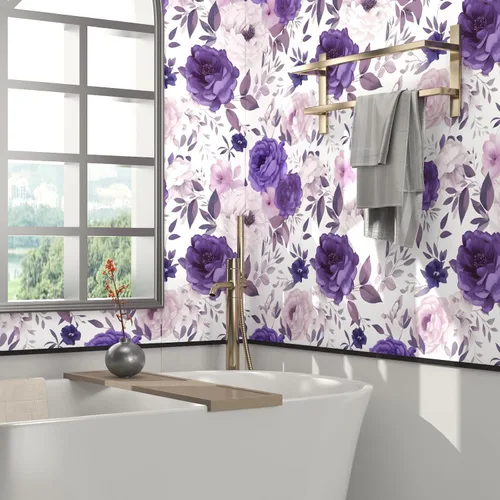 Miniatura 3 de BOKEBEVE Papel de Contacto Floral de Rosas Blancas y Moradas Despegar y Pegar Papel Tapiz Boho Papel de Pared para Encimera de Cocina Gabinete Apto