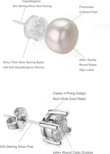 Miniatura 6 de Aretes de plata de ley 925 con circonita cúbica para mujeres y hombres, juego de aretes de perlas cultivadas en agua dulce natural, hipoalergénicos