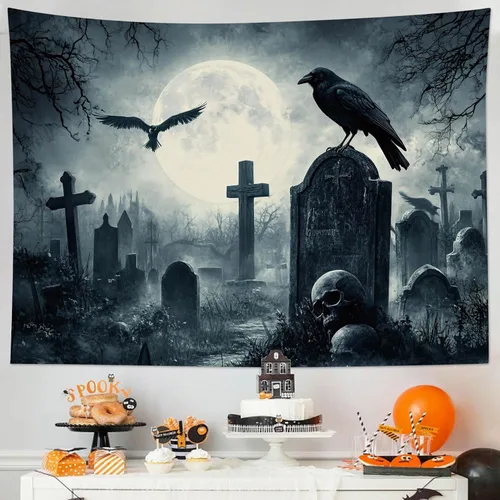 Miniatura 2 de EOBTAIN Scary Halloween Tapestry Gothic Black Crow Skull in Horror Graveyard Tapestry Wall Hanging Spooky Raven under Misty Full Moon Night Wall Art