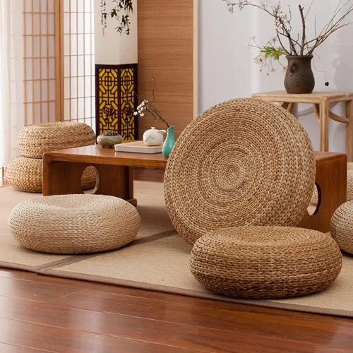 Miniatura 6 de Etlegor Pufs y reposapiés, Futón Puf Futón Cojín Taburete Estilo Japonés Tatami Mat Gattail, Hoja de plátano tejida a mano natural y respetuoso