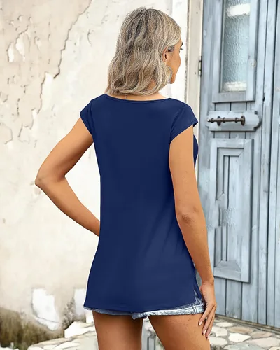 Miniatura 4 de Paquete de 2 camisetas de manga casquillo para mujer, ajuste holgado, casual, cuello en V, básicas, elegantes, camisetas sin mangas, camisetas tipo