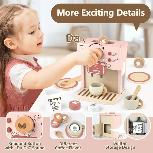 Miniatura 4 de Airlab Juego de café para niños, juego de cafetera de juguete para niños pequeños, accesorios de cocina de madera, juego de simulación para niñas