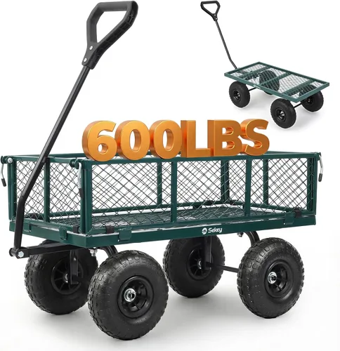 Miniatura 9 de Sekey Carrito de jardín de malla de acero de 600 libras para patio y patio trasero, carro utilitario con lados extraíbles (cama plana convertible)
