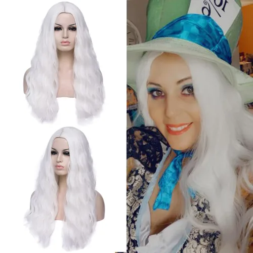 Miniatura 13 de Peluca ondulada azul de 24 pulgadas de largo para mujer, pelucas de fibra resistentes al calor, para Halloween, cosplay, fiesta diaria + gorra (azul)