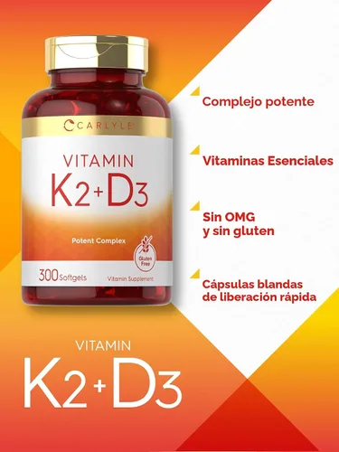 Miniatura 4 de Suplemento de vitamina K2 D3 de Carlyle 300 cápsulas blandas 200 mcg K2 MK7 y 10,000 UI D3 Sin GMO, sin gluten