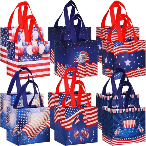 Ctosree 12 Pcs 4th of July Gift Bags Bulk Patriotic Memorial Independence Day Celebration-red White Blue Non Woven Tote with Handle