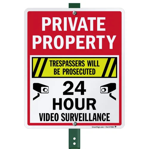 Miniatura 10 de SmartSign Letrero metálico de 18 x 12 pulgadas con texto en inglés "Private Property - Trespassers Will Be Prosecuted", video vigilancia las 24