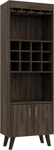 FM FURNITURE Edessa - Armario de bar con 12 cubos de vino, 2 estantes abiertos, estante de vidrio y un gabinete de doble puerta, nogal oscuro