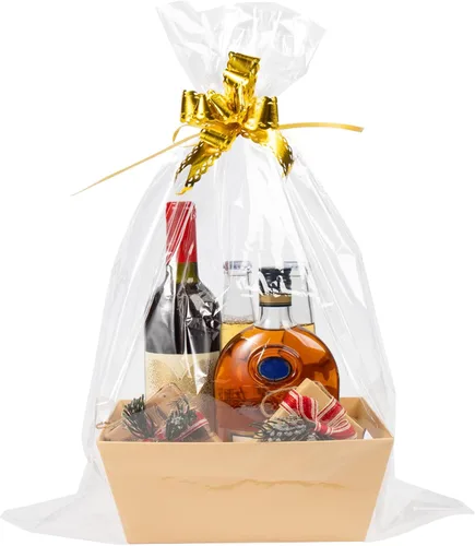 Miniatura 10 de MADHOLLY Juego de 6 cestas vacías para regalos, resistente juego de cesta de regalo de papel kraft con envoltura de celofán y lazos para bodas, baby