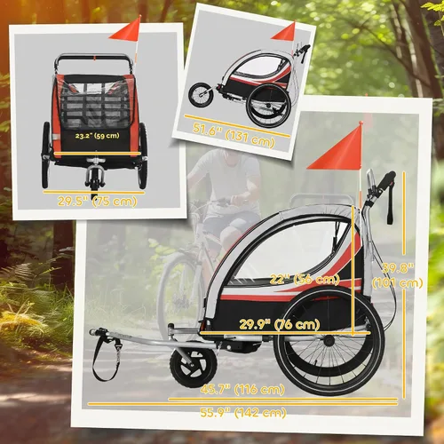 Miniatura 7 de Aosom Remolque de bicicleta de bebé 3 en 1 para niños, 2 plazas, cochecito de bicicleta de alta visibilidad para carro pequeño, accesorio de Rojo