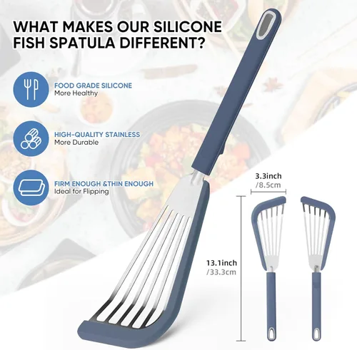 Miniatura 7 de Espátula de pescado antiadherente, espátulas delgadas ranuradas de silicona para utensilios de cocina antiadherentes, utensilios de cocina sin BPA