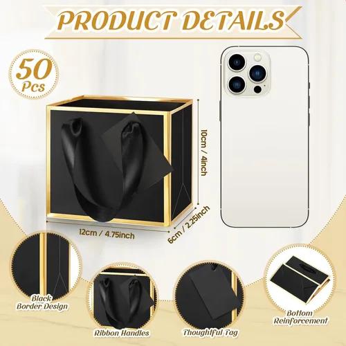 Miniatura 2 de Yeaqee 50 mini bolsas de regalo de papel metálico con asa de 4.75 x 2.25 x 4 pulgadas, pequeña bolsa de regalo para bricolaje, etiqueta de Dorado