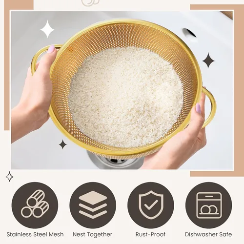 Miniatura 4 de Baderke Colador de metal dorado de acero inoxidable con asa, colador dorado para cocina, drenaje, pasta, enjuague, verduras, arroz, alimentos, 3