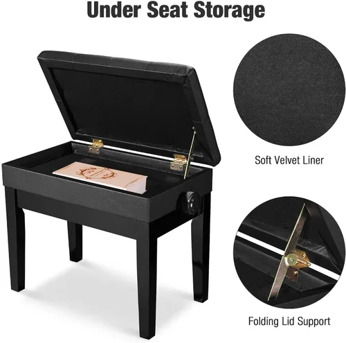 Miniatura 5 de AW Banco de piano ajustable con almacenamiento, taburete de teclado de madera negra, asiento de cuero, silla Paino para piano, tienda de música