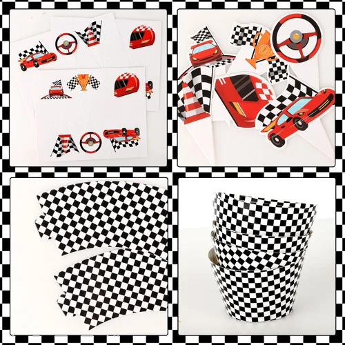 Miniatura 7 de 48 paquetes de toppers y envolturas de cupcakes de coche de carreras, decoración de pastel de fiesta de carreras con temática de carreras y cuadros