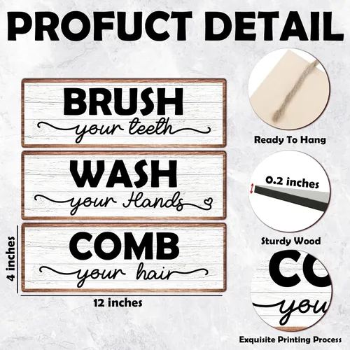 Miniatura 2 de Letrero de madera rústica para colgar en la pared con texto en inglés «Wash Your Hands», «Brush Your Teeth Peine Your Hair», letrero decorativo