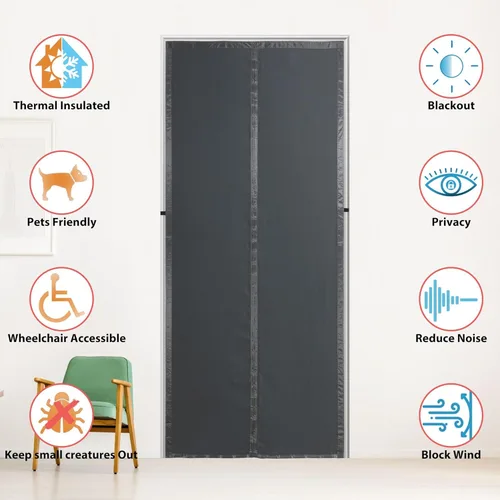 Miniatura 7 de Cortina Magnética con Aislamiento Térmico para Puerta, Cortinas de Puerta de Tela en Capas Más Gruesas con Cierre Automático, Cortinas Térmicas