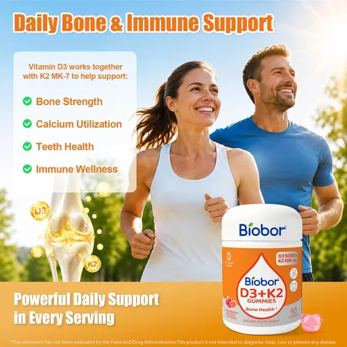 Miniatura 5 de Biobor Gomitas naturales de vitamina D3 K2, 5000 UI de vitamina D3 y 100 mcg de vitamina K2 (MK-7), apoya los huesos saludables, suplemento de salud