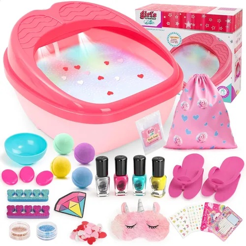 Kit de spa de pies y arte de uñas para niños de 4 a 12 años, juego de spa de pies todo en 1 con luces coloridas y juego de manicura, divertido kit