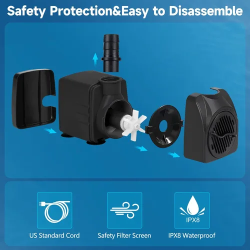 Miniatura 5 de Bomba sumergible de 220 GPH (800 L/H) de 15 W, bomba de fuente de agua ultra silenciosa con flujo ajustable, elevación de 5.25 pies de alto y cable