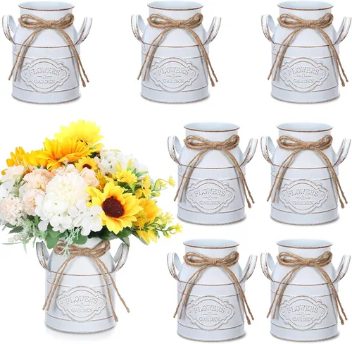 Miniatura 8 de Roshtia Jarrón de metal para leche de 6 pulgadas, 8 unidades, jarrón de leche galvanizado vintage a granel, cubo de flores rústicas, estilo francés