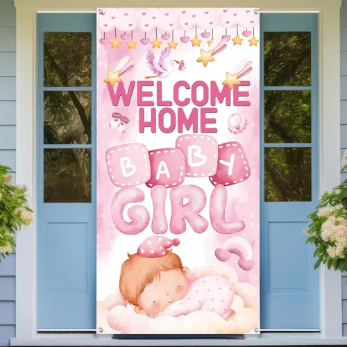 Cartel de bienvenida a casa para puerta de bebé niña, baby shower, revelación de género, decoraciones para fiestas para niñas, con texto en inglés