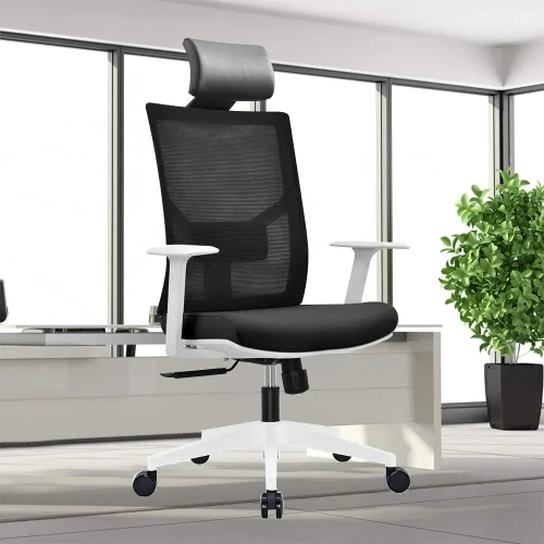 Miniatura 2 de Silla de oficina ergonómica de malla multifunción con soporte lumbar, reposabrazos ajustable (reposacabezas, negro-blanco)