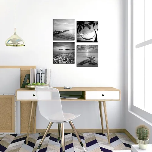 Miniatura 5 de sechars - Arte de pared de playa en blanco y negro, pintura de paisaje marino, paisaje de amanecer, imagen giclée, lienzo enmarcado para sala