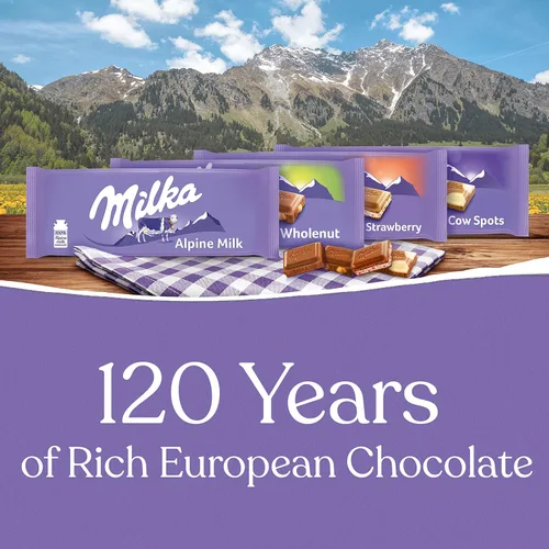 Miniatura 5 de Milka Paquete variado de barras de chocolate europeas, chocolate con leche alpino, manchas de vaca, fresa y avellana integral, 10 barras de 3.52