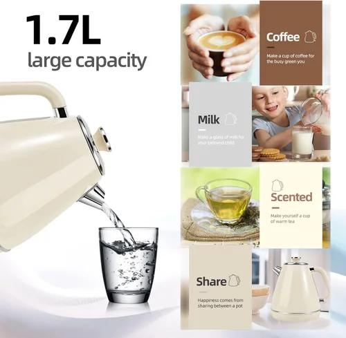 Miniatura 5 de Hervidor eléctrico de 1,7 litros, estilo retro, para encimera de cocina, café, té, agua caliente, doble pared, acero inoxidable 304, sin BPA