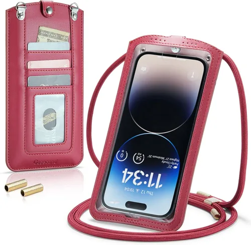 Miniatura 8 de Bolso cruzado pequeño para teléfono celular para mujeres y hombres, mini bolso de hombro de cuero con tarjetero y ranura para collar, cordón